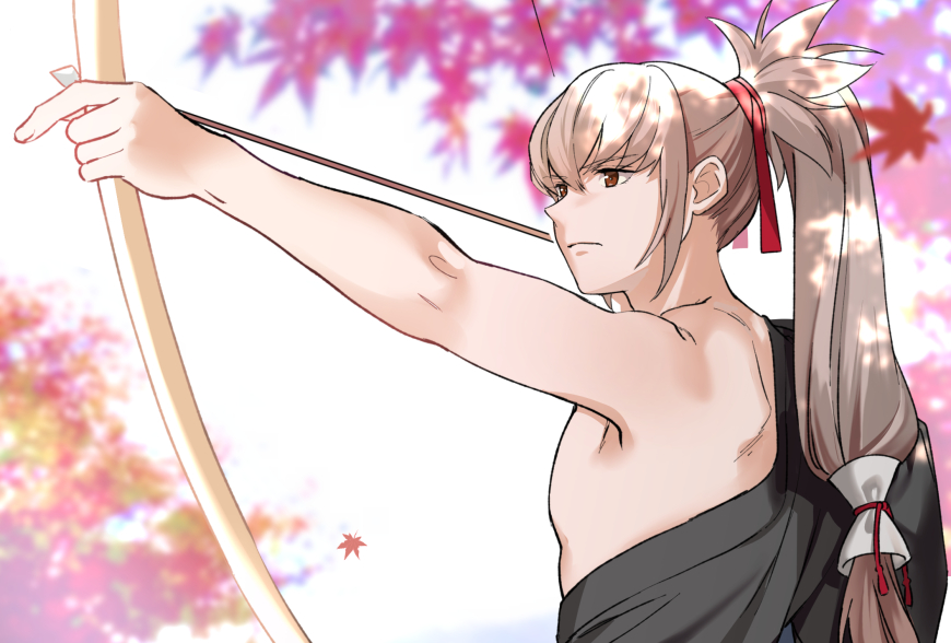 1boy aiming alternate_costume arrow_(projectile) bow_(weapon) fire_emblem fire_emblem_fates holding holding_bow_(weapon) holding_weapon japanese_clothes male_focus nintendo ponytail takumi_(fire_emblem) taromarun weapon yumi_(bow)
