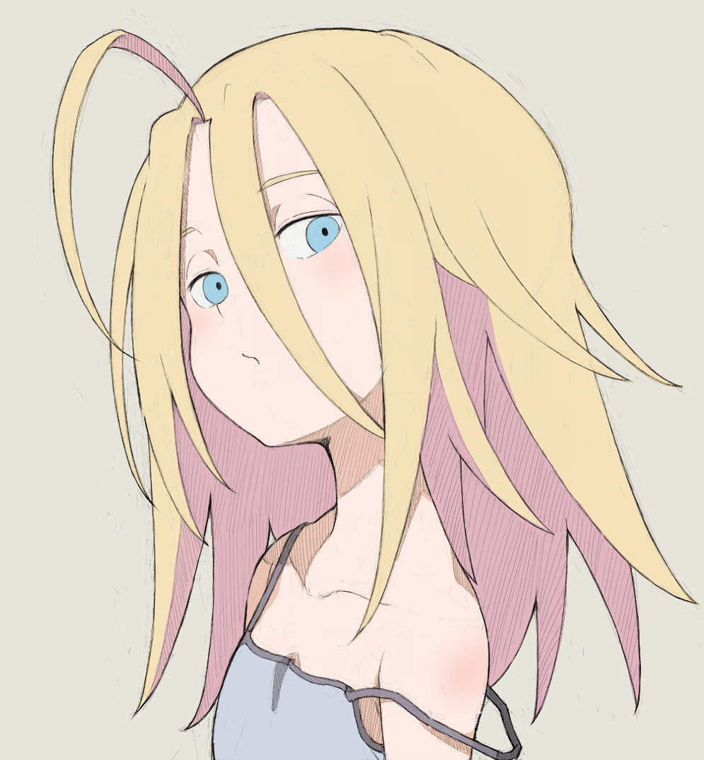 1girl ahoge blonde_hair blue_camisole blue_eyes camisole colored_inner_hair commentary do_it_yourself!! grey_background hair_between_eyes hair_down juliet_queen_elizabeth_viii kayabakoro long_hair looking_at_viewer messy_hair multicolored_hair simple_background solo strap_slip