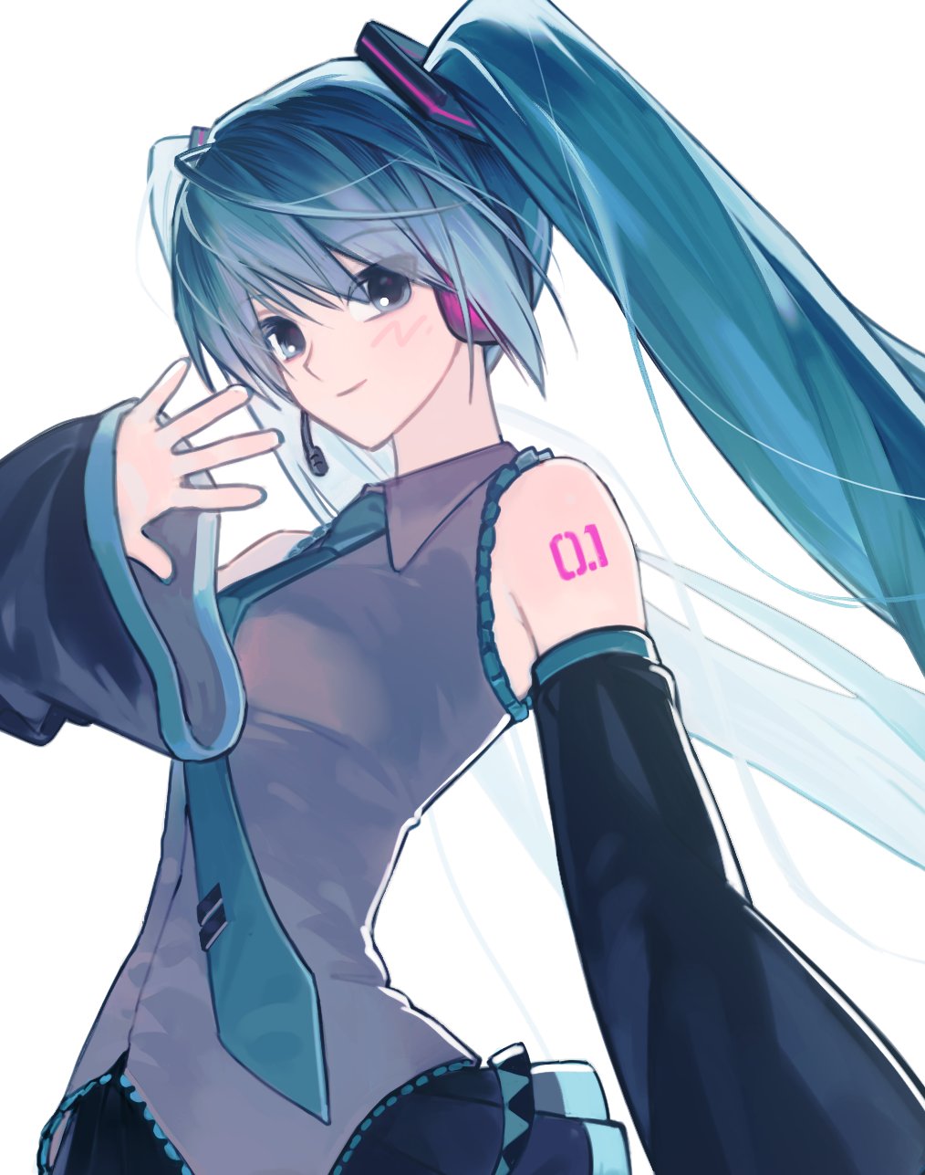1girl aqua_eyes aqua_hair aqua_necktie ban_(bango) bare_shoulders black_skirt black_sleeves blush breasts collared_shirt detached_sleeves grey_shirt hair_between_eyes hatsune_miku headset highres long_hair looking_at_viewer medium_breasts necktie number_tattoo pleated_skirt shirt skirt sleeveless sleeveless_shirt smile solo tattoo twintails upper_body vocaloid white_background