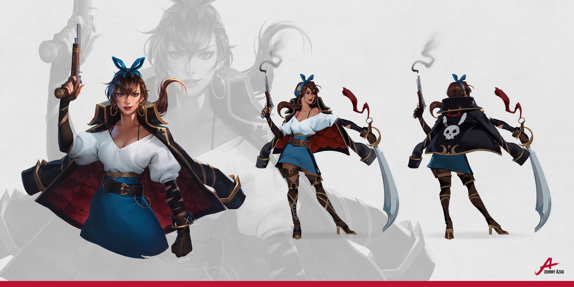 1girl antique_firearm asymmetrical_dual_wielding blue_ribbon blue_skirt breasts brown_hair reference_sheet cleavage coat coat_on_shoulders commentary cutlass dual_wielding earrings english_commentary firearm firelock flintlock full_body gun high_heels highres holding holding_gun holding_sword holding_weapon hoop_earrings jewelry johnny_azad looking_at_viewer medium_breasts multiple_views original pirate pirate_costume ponytail rabbit_symbol red_eyes red_lips ribbon signature simple_background skirt smoke smoke_trail sweater sword upper_body weapon white_sweater