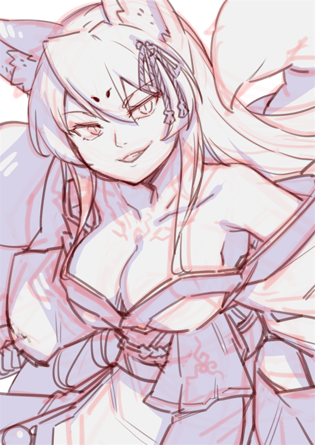 1girl aged_up alternate_form animal_ear_fluff animal_ears bare_shoulders breasts chest_tattoo cleavage collarbone commentary_request fox_ears fox_girl fox_tail grin hair_between_eyes hair_ribbon japanese_clothes jingai_modoki kimono kitsune large_breasts long_hair long_sleeves looking_at_viewer mon-musu_quest! monster_girl obi parted_lips ribbon sash sepia simple_background sketch slit_pupils smile solo spoilers tail tamamo_(mon-musu_quest!) tattoo upper_body very_long_hair