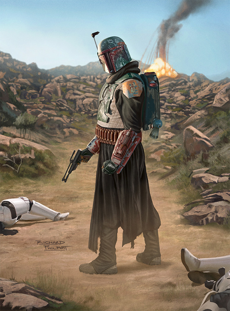 3boys armor blue_sky boba_fett corpse day explosion gun handgun helmet holding holding_gun holding_weapon mandalorian mandalorian_armor mandalorian_helmet multiple_boys outdoors richard_philpott signature sky solo_focus standing star_wars stormtrooper weapon