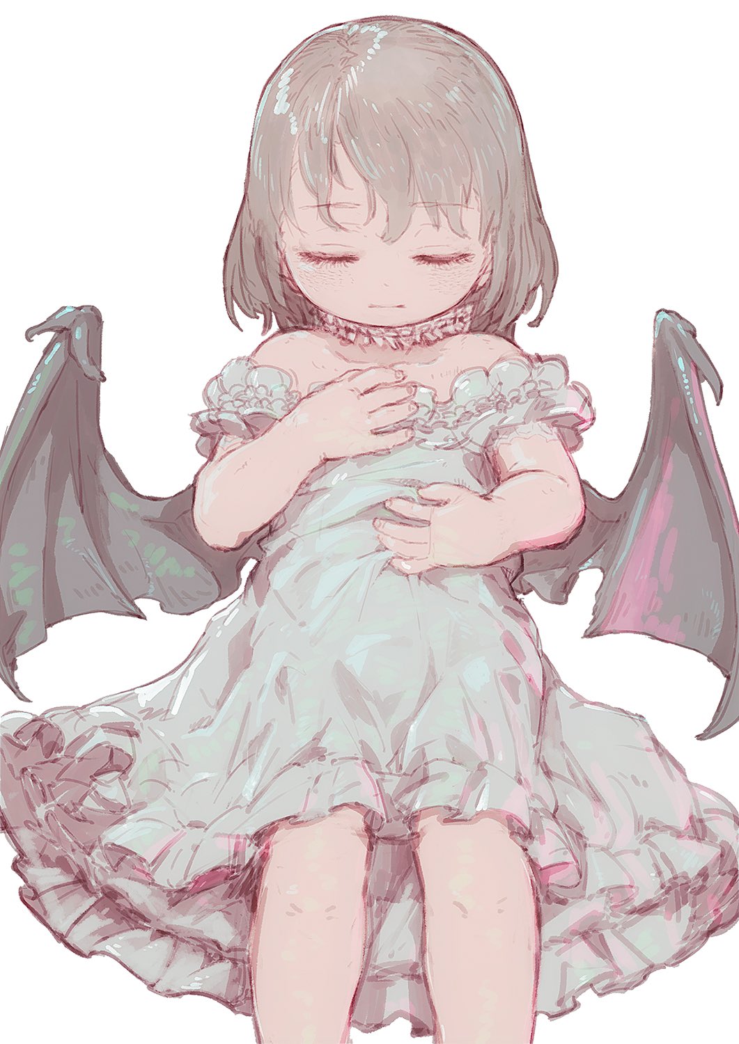 1girl bare_shoulders closed_eyes commentary_request demon_wings dress expressionless feral_lemma flat_chest grey_hair highres original short_hair simple_background solo white_background wings