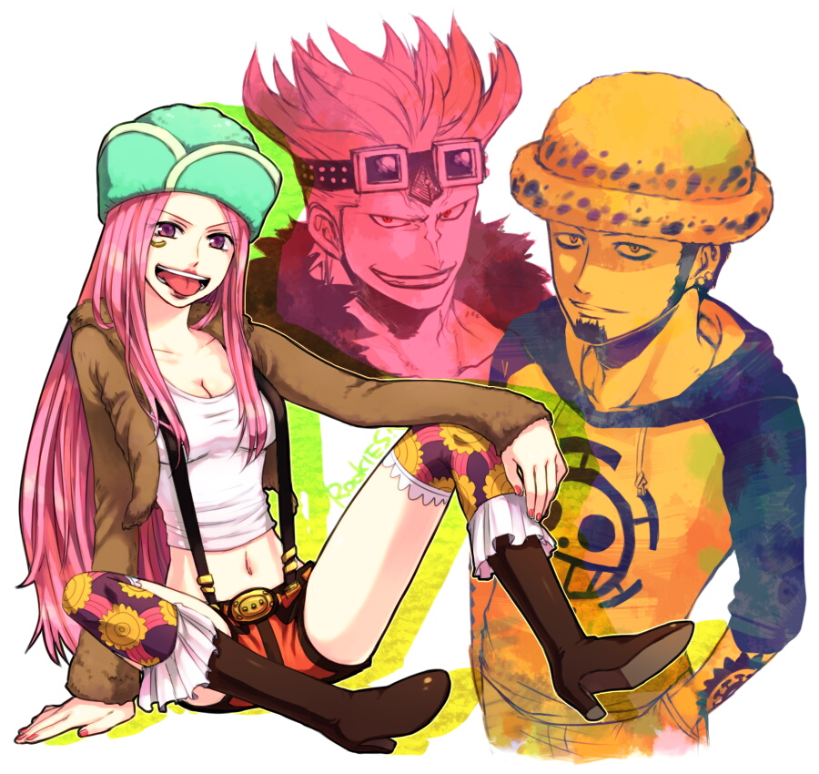 1girl 2boys belt boots earrings eustass_kid facial_hair fur_jacket goatee goggles hands_in_pockets hat hood hoodie itsuki_(nightlight) jacket jewelry jewelry_bonney jolly_roger midriff multiple_boys one_piece patterned_legwear piercing pink_hair purple_eyes raglan_sleeves red_hair sabaody_archipelago shorts supernova suspenders tattoo trafalgar_law