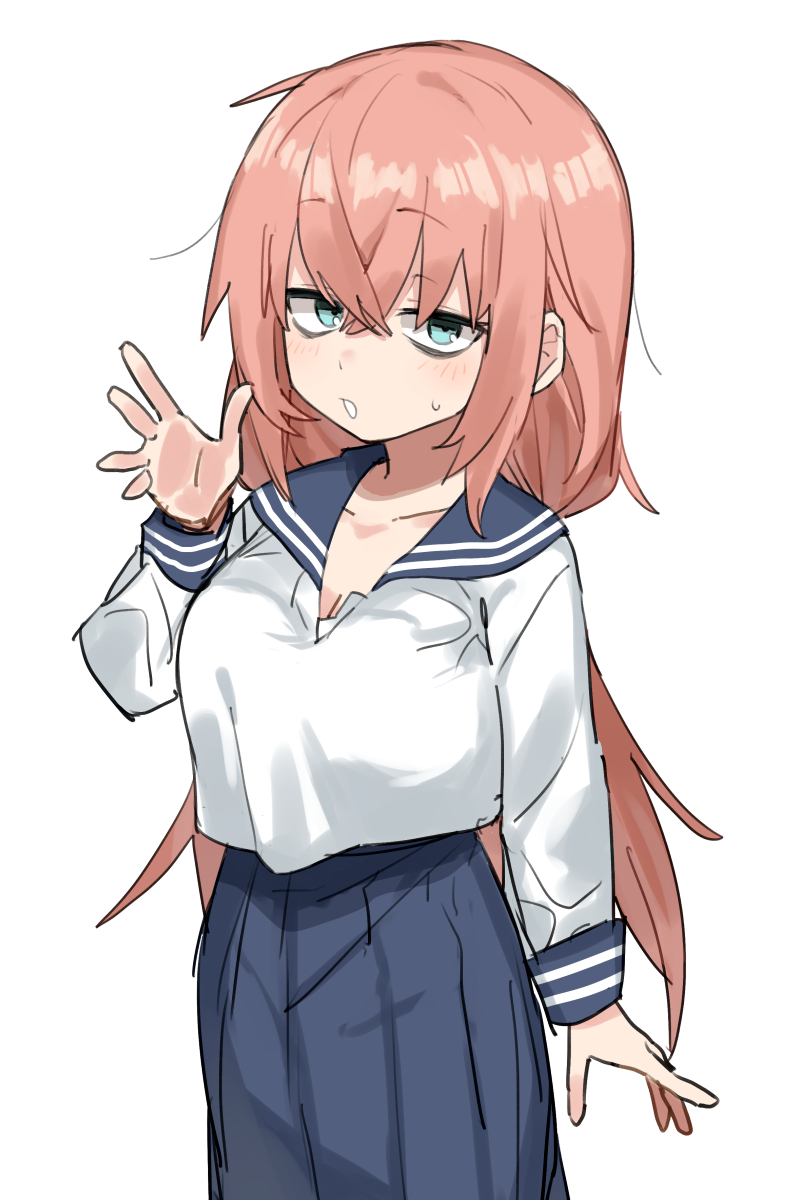 1girl bags_under_eyes blue_eyes breasts cleavage crossed_bangs gazacy_(dai) hair_between_eyes highres large_breasts long_hair michinoku_komaro pink_hair pleated_skirt school_uniform seitokai_ni_mo_ana_wa_aru! serafuku simple_background skirt waving white_background