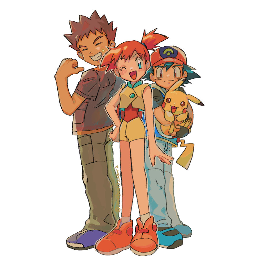 1girl 2boys :3 ;d =_= ash_ketchum baseball_cap black_hair blue_eyes blue_pants blue_shoes blush brock_(pokemon) brown_eyes brown_hair brown_jacket closed_eyes commentary_request creatures_(company) dark-skinned_male dark_skin dot_nose eyelashes game_freak green_pants hat holding holding_pokemon jacket misty_(pokemon) multiple_boys nintendo official_alternate_costume one_eye_closed open_mouth orange_hair orange_shoes pants pointing pointing_at_self pointing_with_thumb pokemon pokemon_(anime) pokemon_(creature) pokemon_rse_(anime) red_hat shoes short_hair short_sleeves side_ponytail simple_background sleeveless smile spiked_hair standing teeth umebosibakari2 white_background