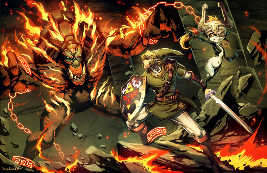 1boy 1girl battle blonde_hair chain demon epic fire fyrus fyus genzoman goron hat hylian_shield left-handed link master_sword midna nintendo pointy_ears princess_zelda shield signature sword the_legend_of_zelda the_legend_of_zelda:_twilight_princess weapon