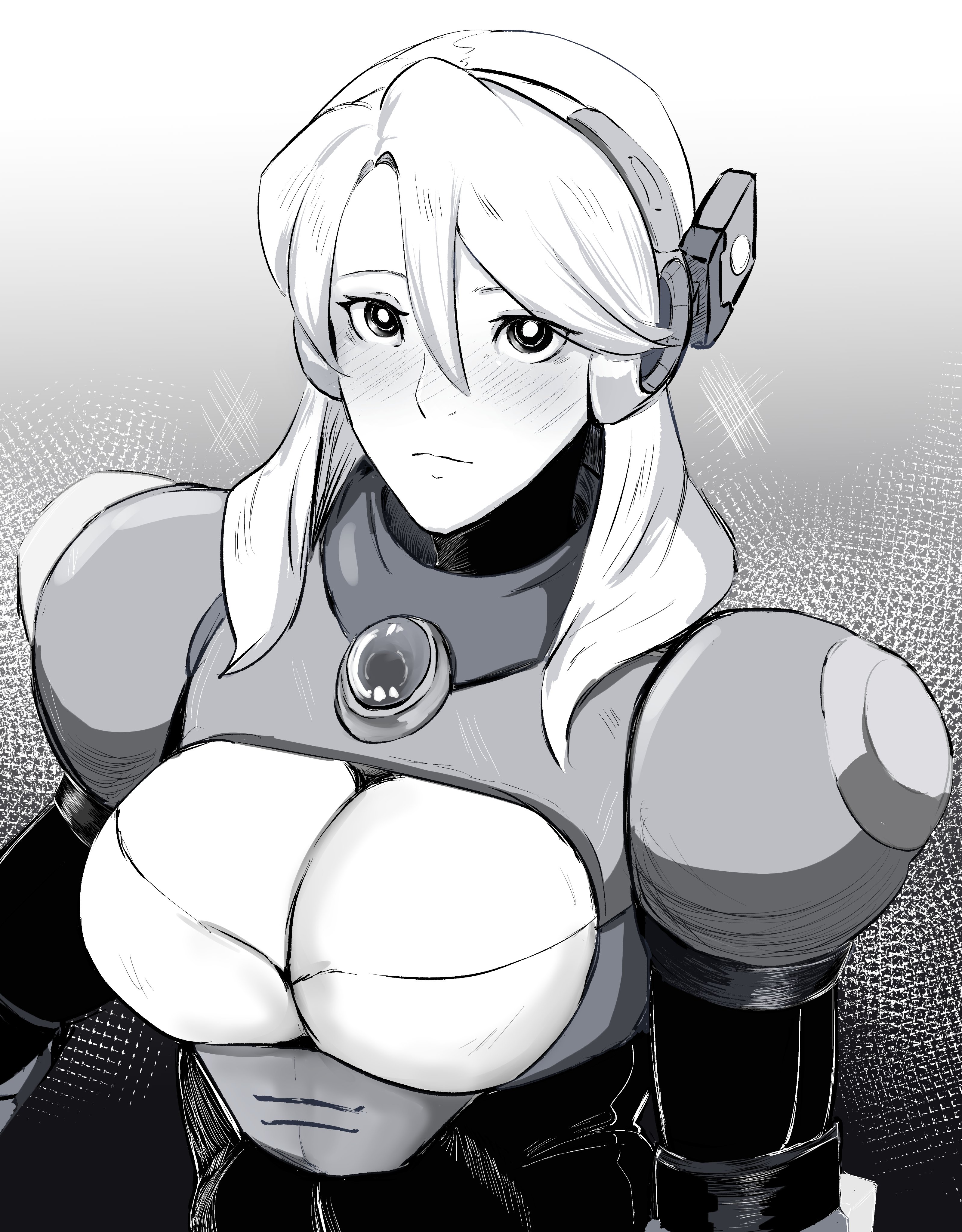 1girl absurdres alia_(mega_man) android armor blush breasts chest_jewel cleavage cleavage_cutout clothing_cutout gradient_background greyscale hair_between_eyes hair_over_shoulder headgear headphones highres joints large_breasts long_hair looking_at_viewer medium_hair mega_man_(series) mega_man_x8 mega_man_x_(series) missing_commentary monochrome robot_girl robot_joints shoulder_armor sidelocks solo tk1993 upper_body