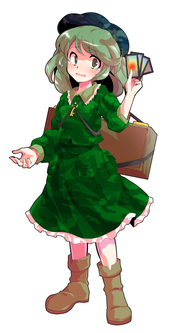 1girl ability_card_(touhou) alphes_(style) blush boots brown_boots card commentary_request dairi dress full_body green_dress green_eyes green_hair green_hat hand_up hat jewelry key key_necklace large_variant_set looking_at_viewer necklace open_mouth parody short_hair solo standing style_parody tachi-e tears touhou transparent_background unconnected_marketeers variant_set yamashiro_takane