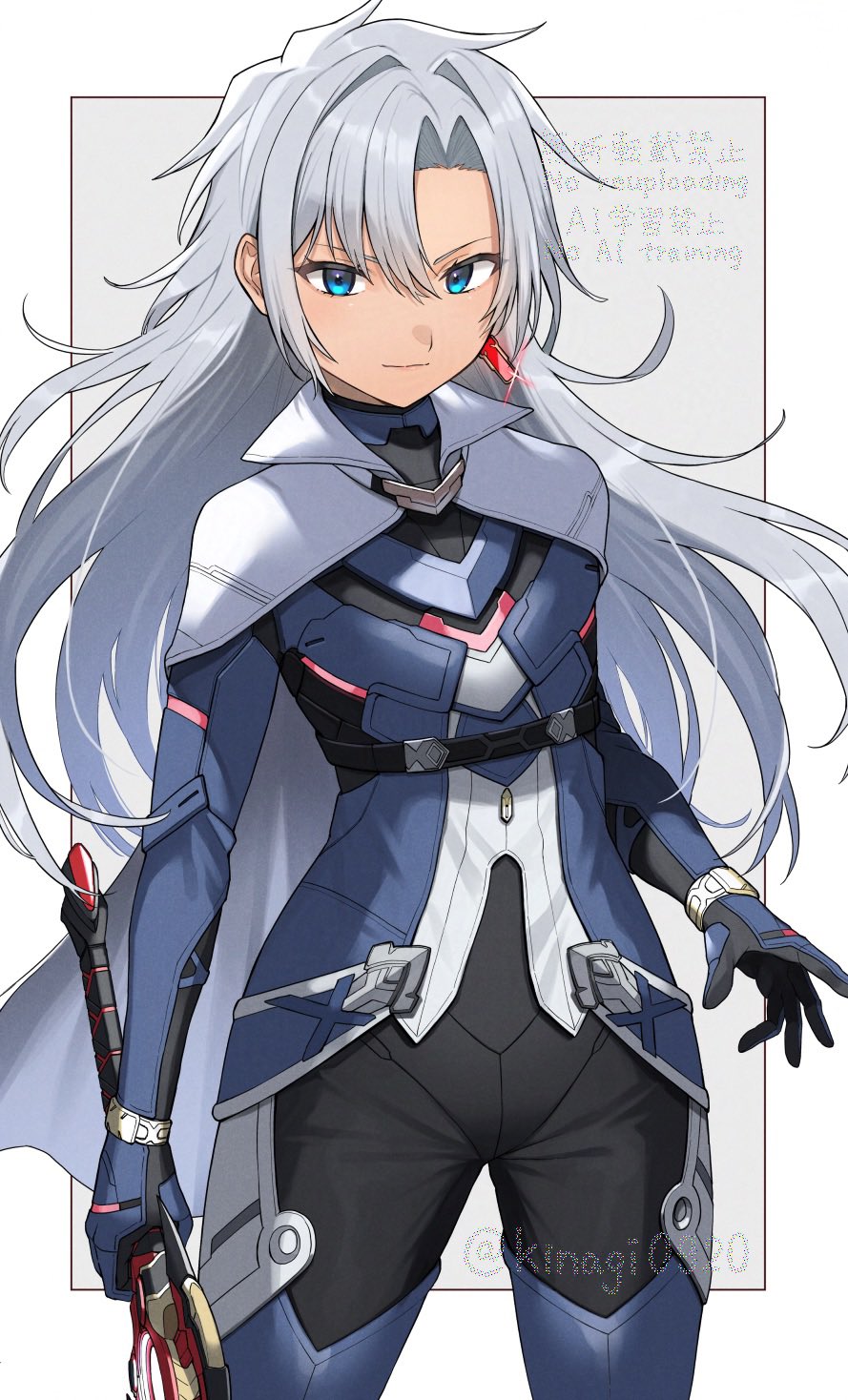 1girl a_(xenoblade) blue_eyes blue_shirt breasts cape earrings grey_background grey_cape grey_hair highres holding holding_sword holding_weapon jewelry kinagi_(3307377) long_hair looking_at_viewer monado shirt simple_background single_earring small_breasts sword very_long_hair weapon xenoblade_chronicles_(series) xenoblade_chronicles_3 xenoblade_chronicles_3:_future_redeemed