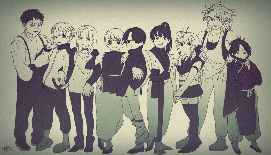 2girls 6+boys aged_down alternate_hair_length alternate_hairstyle ankle_boots bandaged_head bandages bare_shoulders black_hair boots child chinese_clothes choker chrollo_lucilfer earrings feitan_portor flats flip-flops full_body grin hand_up hands_on_own_hips high_heels high_ponytail holding_hands hunter_x_hunter jacket japanese_clothes jewelry kimono lineup locked_arms long_hair long_sleeves looking_at_viewer low_ponytail machi_komacine mask mask_pull monochrome motakokun mouth_mask multiple_boys multiple_girls nobunaga_hazama pakunoda pants parted_bangs phinks_magcub ponytail robe sandals sash shalnark shoes short_hair short_kimono short_sleeves shorts sidelocks sleeveless smile standing suspenders tabi thighhighs turtleneck uvogin zettai_ryouiki