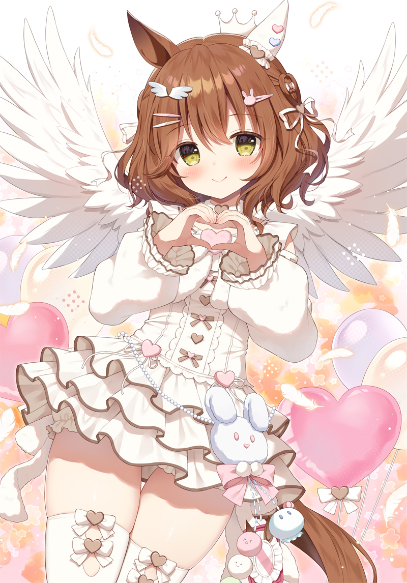 1girl animal_ears aston_machan_(everlasting_candy)_(umamusume) aston_machan_(umamusume) blush bow brown_eyes brown_hair closed_mouth commentary_request crown dress feathered_wings hair_between_eyes hair_ornament hair_ribbon hairclip heart heart_hands horse_ears horse_girl horse_tail long_sleeves looking_at_viewer mauve mini_crown puffy_long_sleeves puffy_sleeves rabbit_hair_ornament ribbon skindentation smile solo tail thighhighs umamusume white_bow white_dress white_ribbon white_thighhighs white_wings wing_hair_ornament wings