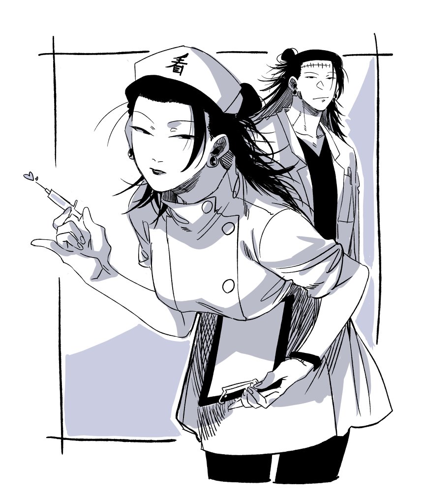 1boy 1girl asian buttons clipboard coat coat_dress doctor double-breasted dress dual_persona feet_out_of_frame getou_suguru getou_suguru_(kenjaku) greyscale hair_bun hat holding holding_clipboard holding_syringe jujutsu_kaisen kenjaku lab_coat lapels long_hair looking_at_viewer lvgpztoetp4nbha medical_scrubs monochrome nurse nurse_cap pantyhose pen single_hair_bun stitched_face stitches syringe white_coat