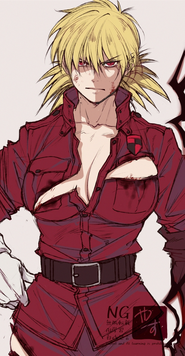 1girl belt belt_buckle blonde_hair blood blood_on_face breasts brown_belt bruise bruise_on_face buckle buttons closed_mouth collared_jacket commentary_request eyes_visible_through_hair gloves hair_over_eyes hellsing injury jacket large_breasts long_sleeves looking_at_viewer military_uniform red_eyes red_jacket seras_victoria simple_background solo torn_clothes torn_jacket watermark white_background white_gloves yasunososaku