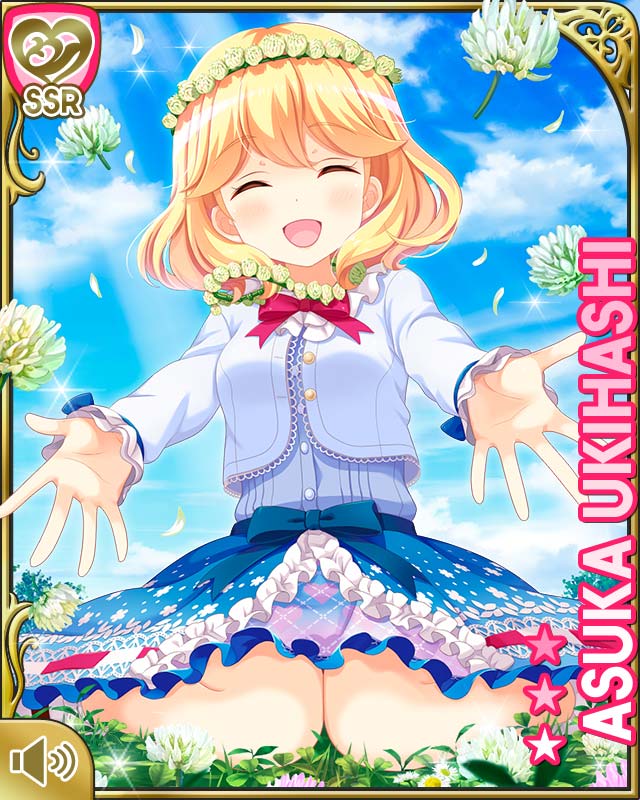 1girl blonde_hair blue_bow blue_dress bow bowtie breasts brown_eyes card_(medium) day dress closed_eyes flower girlfriend_(kari) hair_bow head_wreath jacket medium_breasts official_art open_mouth outdoors qp:flapper red_bow shirt short_hair smile solo tagme ukihashi_asuka white_jacket white_shirt