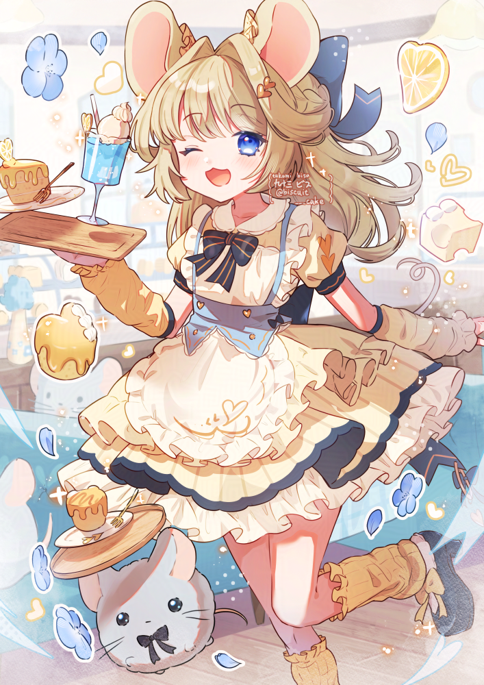 1girl ;d animal_ears apron artist_name black_bow black_bowtie black_shoes blonde_hair blue_eyes blush bow bowtie cake cake_slice cheese commentary cup dress drink drinking_glass food foot_out_of_frame foot_up fork frilled_apron frilled_dress frills fruit hair_bow hair_ornament heart heart_hair_ornament holding holding_tray kneehighs lemon lemon_slice long_hair looking_at_viewer mouse_(animal) mouse_ears mouse_girl mouse_tail one_eye_closed open_mouth original puffy_short_sleeves puffy_sleeves shoes short_sleeves smile socks solo symbol-only_commentary tail tray tsukumi_bis twitter_username white_apron yellow_arm_warmers yellow_dress yellow_socks