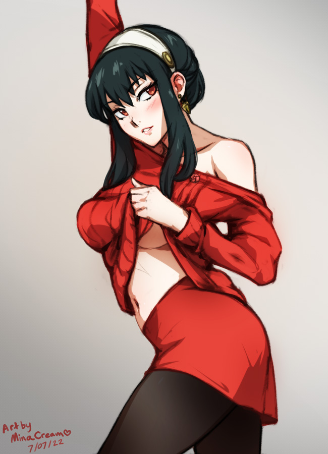 1girl artist_name black_bra black_hair black_pantyhose blush bra cowboy_shot dated earrings gradient_background hairband jewelry midriff mina_cream pantyhose red_eyes red_skirt red_sweater skirt smile solo spy_x_family sweater underwear white_hairband yor_briar