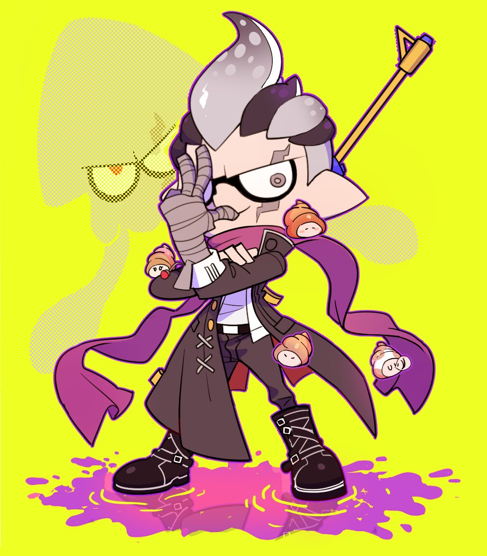 1boy bandaged_arm bandages danganronpa_(series) ink inkling jacket milifeimili multicolored_hair nintendo pink_scarf scar scar_across_eye scar_on_face scarf smile splatoon_(series) tanaka_gundham two-tone_hair