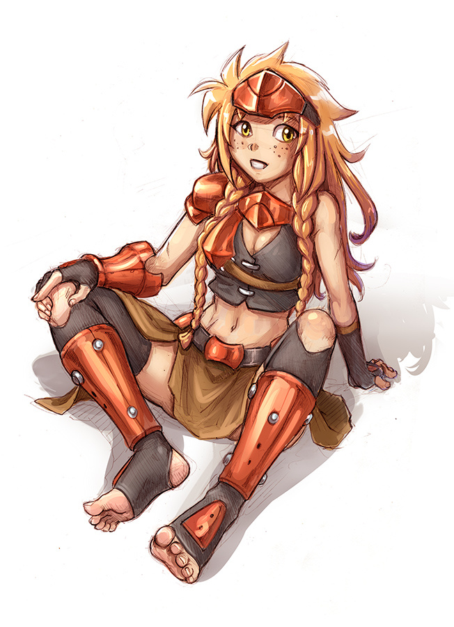 1girl armor asymmetrical_armor asymmetrical_arms belt black_belt braid breasts brown_loincloth cleavage commentary english_commentary feet fingerless_gloves fingernails freckles gloves hand_on_floor hand_on_own_knee knees knees_apart_feet_together leather_belt les_chevaucheurs loincloth long_hair looking_to_the_side maxa&#039; medium_breasts messy_hair midriff navel orange_hair phenice_walholl red_armor scar scar_on_arm scar_on_stomach shin_guards shiny_skin sitting smile soles solo stirrup_legwear toeless_legwear toenails toes toes_up twin_braids white_background wiggling_toes yellow_eyes