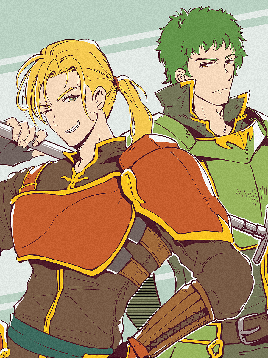 2boys armor blonde_hair eifilet fire_emblem fire_emblem:_the_sacred_stones forde_(fire_emblem) green_eyes green_hair highres holding holding_polearm holding_weapon kyle_(fire_emblem) looking_at_viewer male_focus multiple_boys nintendo polearm ponytail weapon