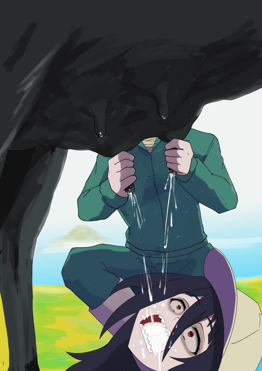1girl animal black_hair cow disembodied_head gobanme_no_mayoi_neko highres lactation long_hair open_mouth outdoors red_eyes sharp_teeth teeth yamada_tae zombie_land_saga