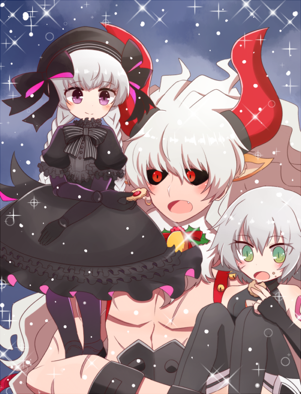 10s 1boy 2girls alice_(fate) animal_ears asterios_(fate) asterios_(lightning_reindeer)_(fate) beret black_sclera braid colored_sclera cookie deer_ears doll_joints dress earrings eating fake_animal_ears fate/apocrypha fate/extra fate/grand_order fate_(series) food green_eyes hat horns jack_the_ripper_(fate/apocrypha) jewelry joints motiumai multiple_girls nursery_rhyme_(fate) nursery_rhyme_(fate/grand_order) purple_eyes red_eyes scar size_difference sparkle twin_braids white_hair