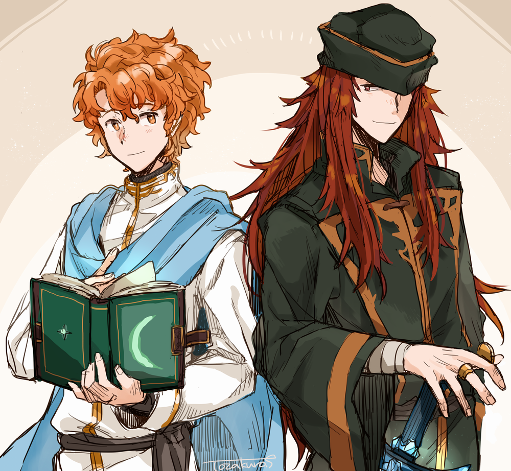 2boys artist_name artur_(fire_emblem) black_headwear blue_cape book brown_hair cape coin eye_contact fire_emblem fire_emblem:_the_sacred_stones hat holding holding_book holding_coin jewelry joshua_(fire_emblem) long_hair long_sleeves looking_at_another male_focus multiple_boys nintendo open_book orange_eyes orange_hair ring sheath sheathed short_hair sword tozakuro_s weapon