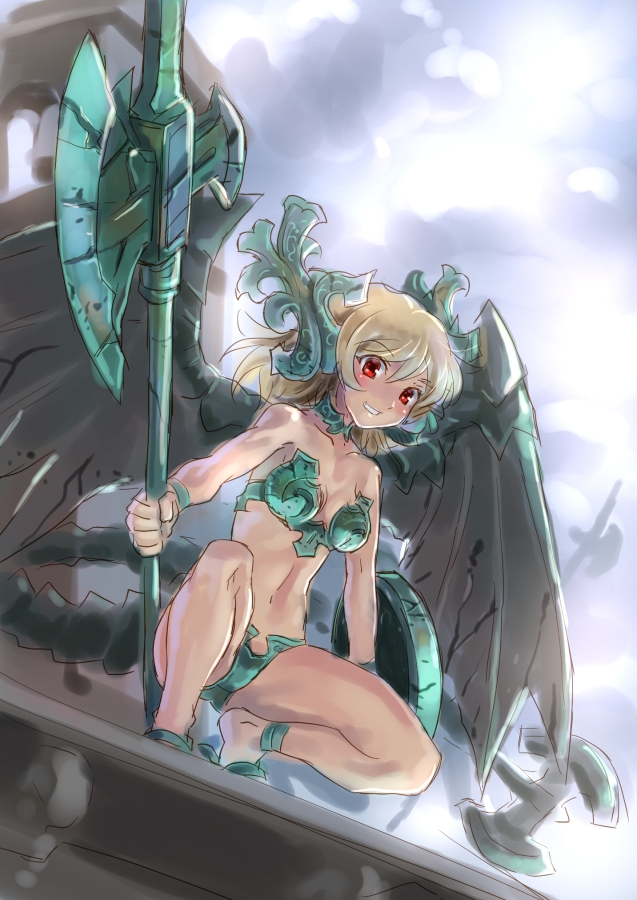 1girl axe bare_legs bare_shoulders battle_axe belfry_gargoyle blonde_hair choker dark_souls_(series) dark_souls_i day female_focus from_below fromsoftware grin holding holding_weapon katahira_masashi looking_at_viewer midriff navel personification red_eyes sky smile solo squatting tail teeth weapon wings