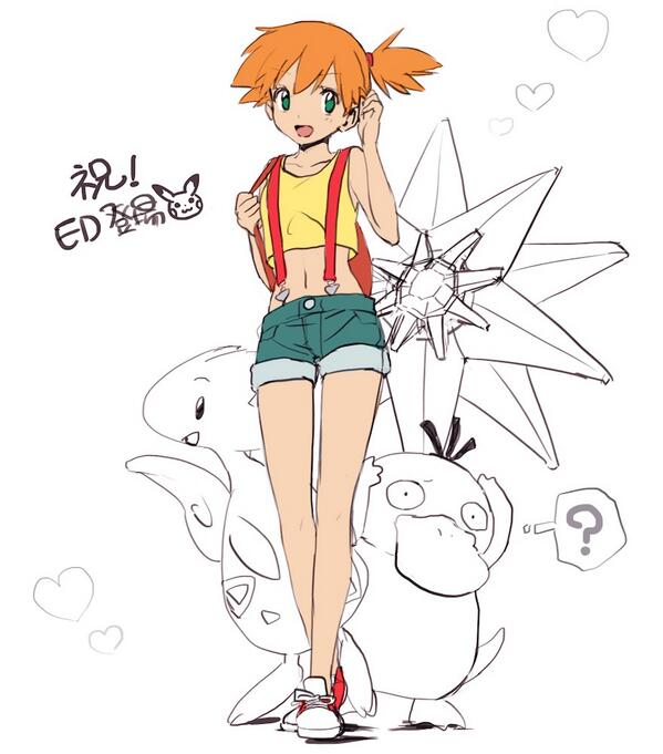 1girl asymmetrical_hair bare_arms bare_shoulders cowboy_shot denim denim_shorts gen_1_pokemon gen_2_pokemon green_eyes gym_leader looking_at_viewer misty_(pokemon) nintendo orange_hair pokemon pokemon_(anime) pokemon_(classic_anime) pokemon_(creature) ponytail psyduck shirt short_hair short_shorts shorts side_ponytail smile starmie togetic