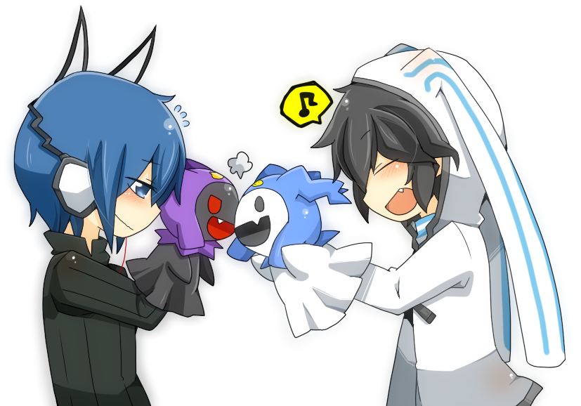 2boys black_frost black_hair blue_eyes blue_hair blush character_doll closed_eyes commentary_request devil_survivor_(series) devil_survivor_2 doll from_side hand_puppet happy headphones hood hood_up hooded_jacket jack_frost_(megami_tensei) jacket male_focus multiple_boys musical_note open_mouth profile protagonist_(devil_survivor) protagonist_(devil_survivor_2) puppet reio shin_megami_tensei short_hair smile spoken_musical_note upper_body white_background