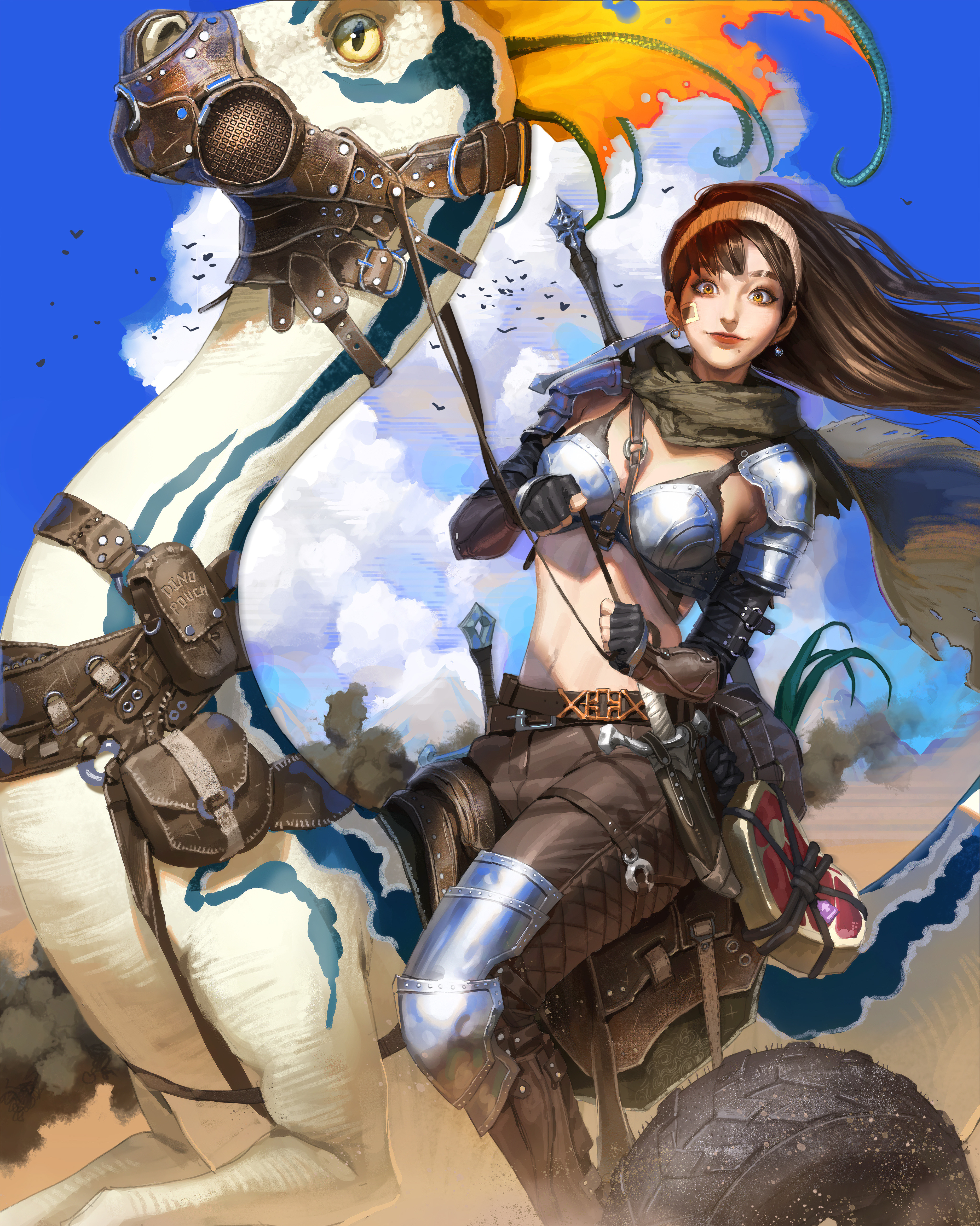 1girl absurdres armor belt bikini_armor black_gloves brown_belt brown_eyes brown_hair brown_pants cloud dinosaur riding_dinosaur earrings eyebrow_cut fingerless_gloves floating_hair food gloves hair_behind_ear heo_sung-moo highres jewelry knife long_hair looking_at_viewer meat mole mole_under_mouth muzzle navel original pants realistic riding sheath sheathed sky smile solo wheel