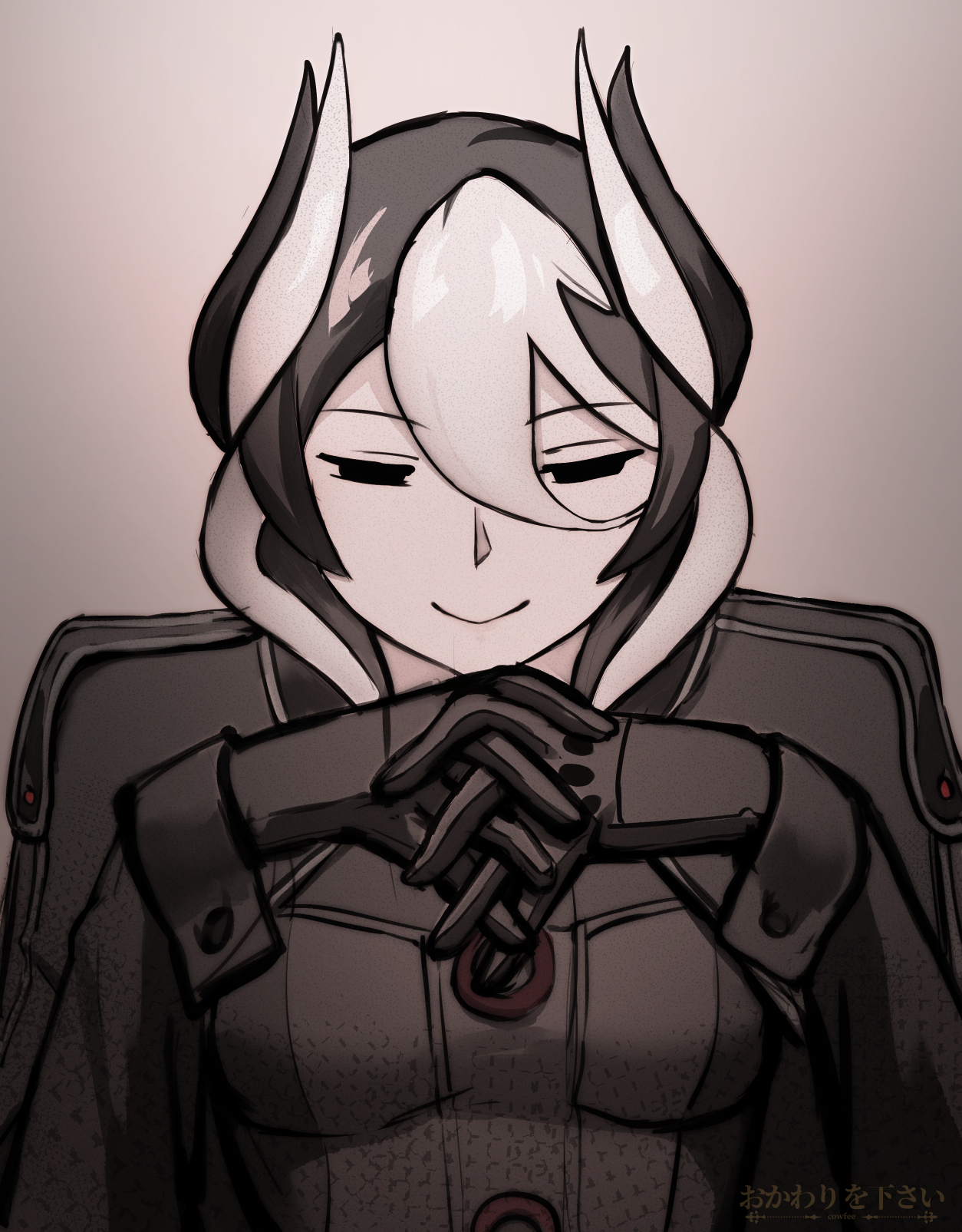 1girl black_cape black_eyes black_gloves black_hair breasts cape closed_eyes closed_mouth cowfee facing_viewer gloves hair_between_eyes highres horns interlocked_fingers jacket long_sleeves made_in_abyss medium_breasts multicolored_hair ozen short_hair simple_background smile solo translation_request two-tone_hair upper_body white_hair