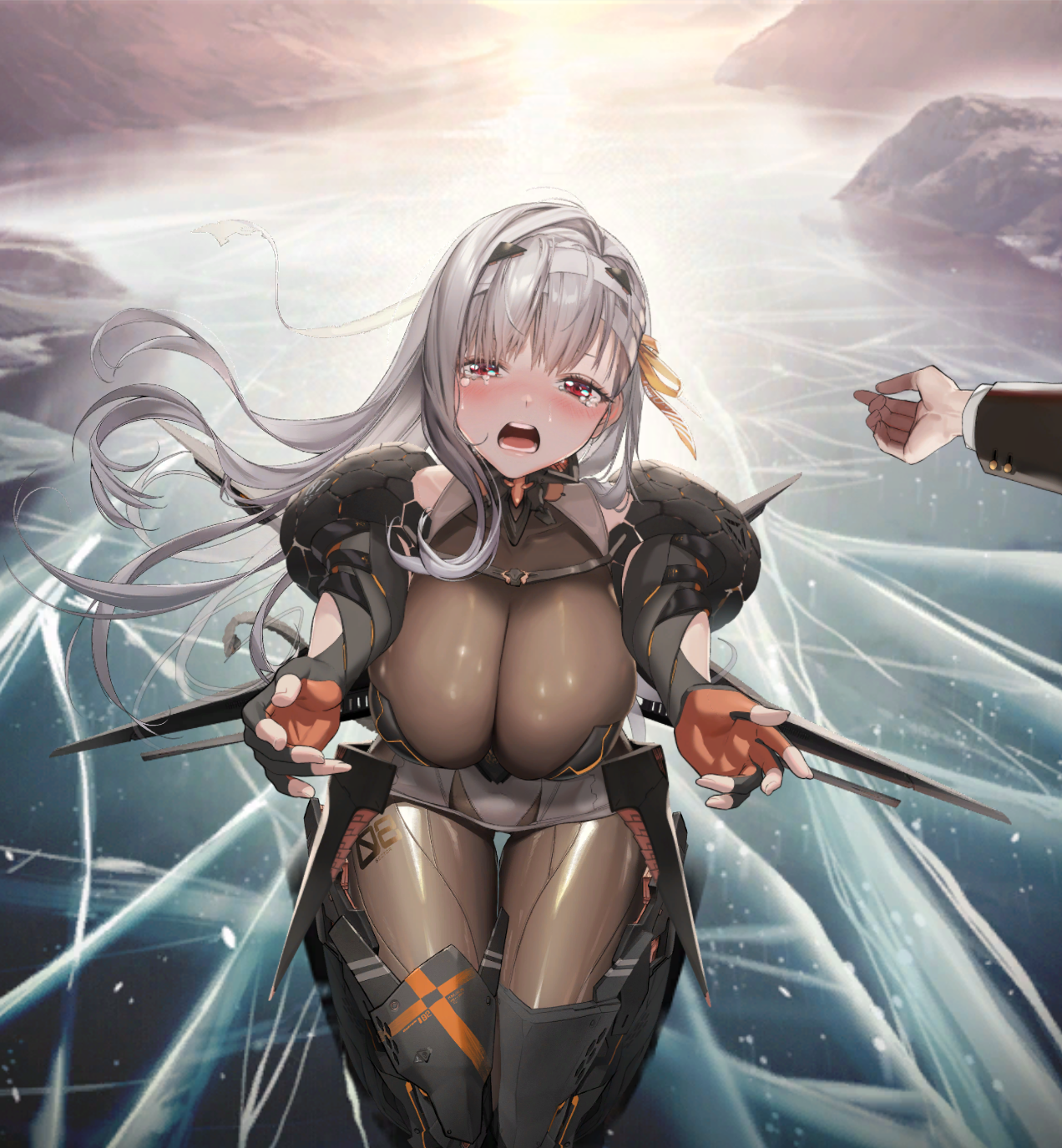 1boy 1girl armored_bodysuit breasts commander_(nikke) crying crying_with_eyes_open game_cg goddess_of_victory:_nikke grey_hair highres hug large_breasts long_hair mecha_musume modernia_(nikke) official_art red_eyes tears thighs