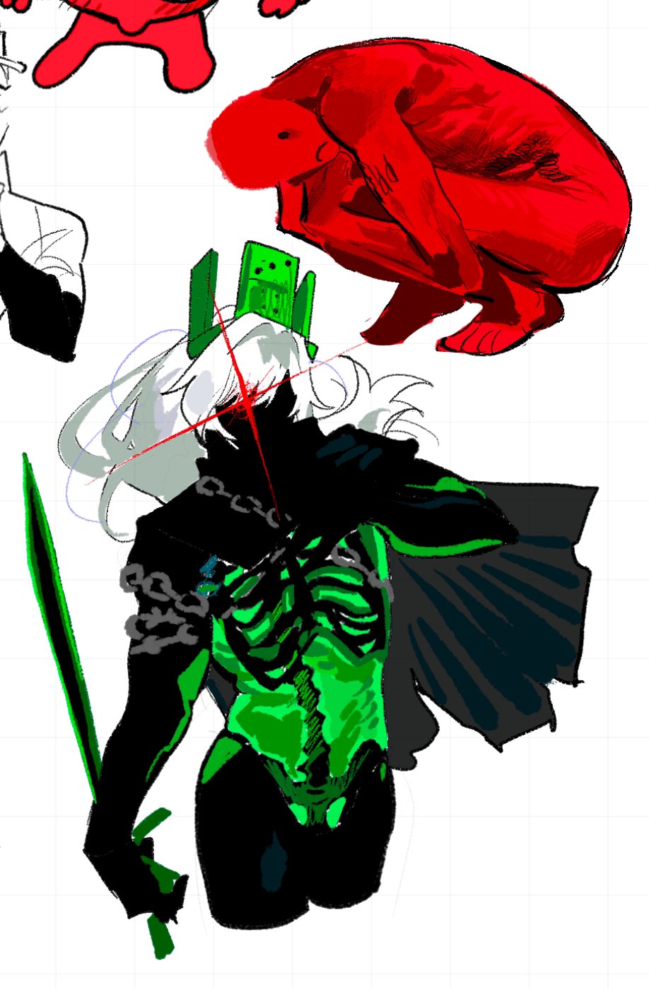1boy 1other 1x1x1x1_(roblox) black_cape black_skin c00lkidd_(roblox) cape closed_mouth colored_skin crown forsaken_(roblox) glint green_crown green_skin highres holding holding_sword holding_weapon red_skin roblox sasi_ssr_rb see-through_body shirt skeleton sword weapon white_background white_hair