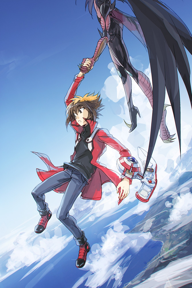 1boy 1other black_footwear black_shirt blue_pants blue_sky brown_eyes brown_hair cloud demon_wings duel_disk facing_to_the_side flying forest hanging_on holding_hands jacket looking_to_the_side midair moribuden mountainous_horizon nature open_mouth outdoors outstretched_arm pants pants_rolled_up popped_collar red_jacket shirt sky wide-eyed wind wings yu-gi-oh! yu-gi-oh!_gx yubel yuki_judai