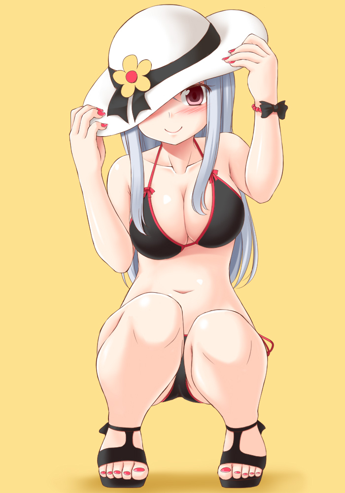 1girl bikini black_bikini blunt_bangs breasts cleavage covering_one_eye feet female_focus full_body halterneck hat hidamari_sketch long_hair looking_at_viewer matsuri_(hidamari_sketch) medium_breasts nail_polish navel open_clothes red_eyes side-tie_bikini_bottom silver_hair simple_background solo squatting string_bikini sun_hat swimsuit toenail_polish toenails toes utomo yellow_background