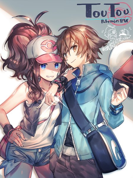 1boy 1girl arm_over_shoulder bag baseball_cap blue_eyes blue_jacket blue_shorts bracelet brown_eyes brown_hair character_name copyright_name denim denim_shorts grin hand_in_pocket hand_on_own_hip hat high_ponytail hilbert_(pokemon) hilda_(pokemon) holding holding_poke_ball holding_unworn_clothes holding_unworn_hat index_finger_raised jacket jewelry long_hair looking_at_viewer naru_(andante) nintendo poke_ball poke_ball_print pokemon pokemon_bw ponytail shirt short_shorts shorts sleeveless sleeveless_shirt smile sparkle torn_clothes torn_shorts unworn_hat unworn_headwear white_shirt wristband zipper