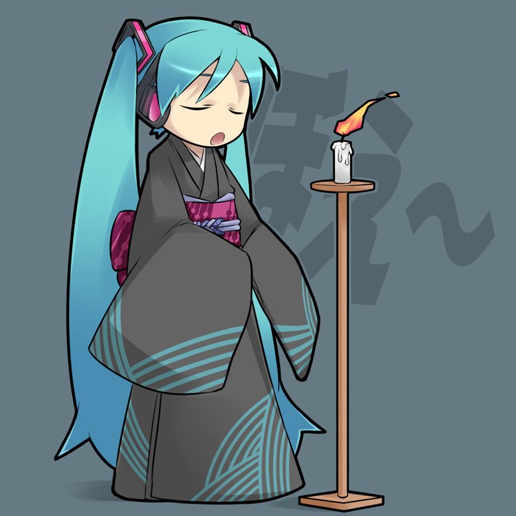 1girl aqua_hair candle enka closed_eyes female_focus full_body gishi hatsune_miku headphones japanese_clothes kimono long_hair solo twintails very_long_hair vocaloid
