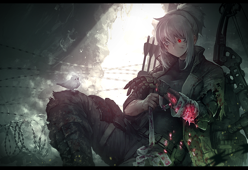 1girl animal arrow_(projectile) bandages barbed_wire belt bird black_shirt blood blood_on_clothes bow_(weapon) closed_mouth commission compound_bow dated_commentary feet_out_of_frame grey_jacket grey_pants heterochromia hetza_(hellshock) jacket light mechanical_arms original pants ponytail quiver red_eyes scar scar_across_eye scar_on_face shirt sidelocks single_mechanical_arm sitting skeb_commission solo torn_clothes weapon white_bird white_eyes white_hair