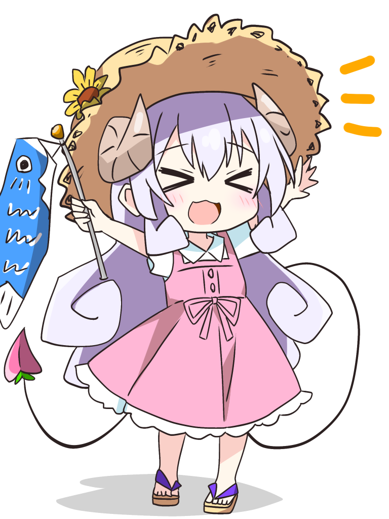 &gt;_&lt; 1girl :d blush brown_hat brown_horns brown_sandals closed_eyes collared_shirt commentary_request curled_horns curly_hair demon_girl demon_tail dress frilled_dress frills full_body hat holding horns koinobori kotatsu-mazoku lilith_(machikado_mazoku) lilith_(machikado_mazoku)_(homunculus) long_hair machikado_mazoku notice_lines open_mouth pinafore_dress purple_hair sandals shirt short_sleeves simple_background sleeveless sleeveless_dress smile solo standing sun_hat tail white_background white_dress white_shirt windsock xd
