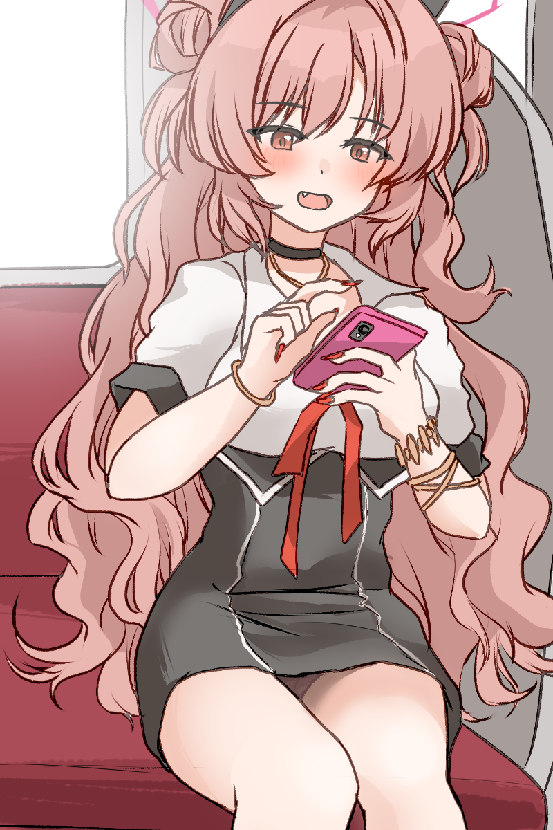 1girl :d black_choker black_skirt blue_archive bracelet brown_eyes brown_hair cellphone choker commentary_request double_bun fake_horns fang gyaru hair_between_eyes hair_bun hairband halo high-waist_skirt highres holding holding_phone horns indoors jewelry kirara_(blue_archive) knees_together_feet_apart long_hair looking_at_viewer nail_polish necklace on_bench open_mouth pencil_skirt phone red_nails school_uniform short_sleeves sidelocks sitting skirt smartphone smile solo tififox train_interior wavy_hair