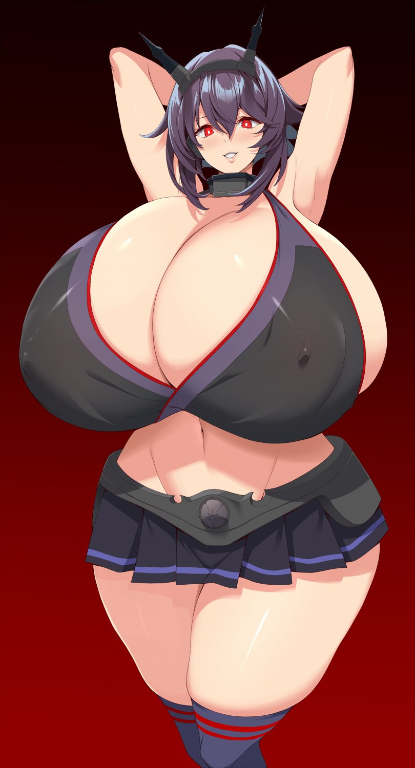 1girl alternate_color armored_skirt armpits arms_behind_head arms_up bikini blush breasts choker cleavage covered_erect_nipples curvy gigantic_breasts gradient_background hair_between_eyes hair_ornament hairband highres kantai_collection kloah knees_up looking_at_viewer medium_hair mutsu_(kancolle) navel palette_swap parted_lips purple_hair red_eyes shiny_skin sidelocks skindentation skirt smile solo standing swimsuit thick_thighs thighhighs thighs wide_hips