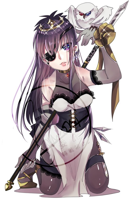 1girl bird breasts chrome_dokuro dress earrings eyepatch full_body gloves jewelry katekyo_hitman_reborn! knife long_hair looking_at_viewer monologue pantyhose polearm purple_eyes purple_hair rokudou_mukuro simple_background solo weapon white_background