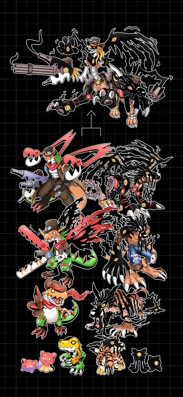 agumon blitzgreymon blonde_hair corruption digimon dream_tiger_(govy9807) evolutionary_line fusion gabumon garurumon gatling_gun greymon gummigoo hat highres metalgarurumon oridigi rizegreymon spikes tail the_amazing_digital_circus weregarurumon wings