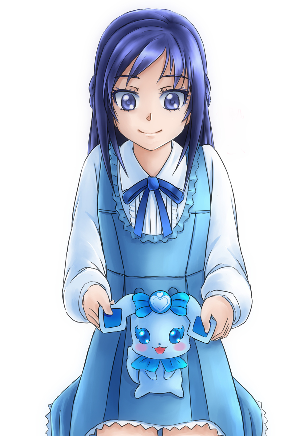 1other blouse blue_dress blue_eyes blue_hair blue_necktie braid collared_shirt dokidoki!_precure dress dress_shirt highres hishikawa_rikka long_sleeves necktie precure rakeru_(dokidoki!_precure) rintarou_hayashi shirt side_braid simple_background sitting sleeveless sleeveless_dress smile white_background white_shirt