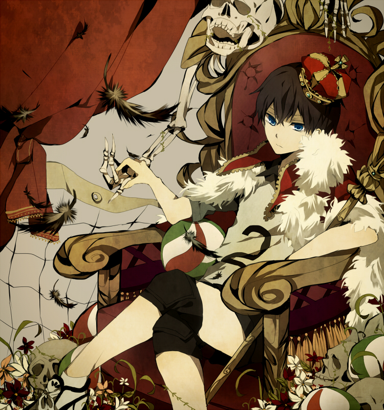 10s 1boy blue_eyes brown_hair chair crown curtains feathers flower fur_trim haikyuu!! holding_hands kageyama_tobio crossed_legs male_focus sagatsu_(miicat) satsuki_(miicat) shorts sitting skeleton skull solo tassel throne