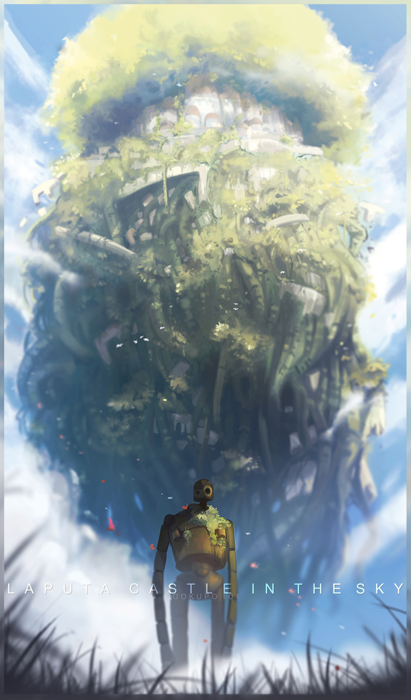 1other artist_name bird bug butterfly commentary copyright_name english_commentary floating_island gokupo101 grass highres insect laputa_robot looking_at_viewer no_humans robot scenery sky studio_ghibli tenkuu_no_shiro_laputa tree