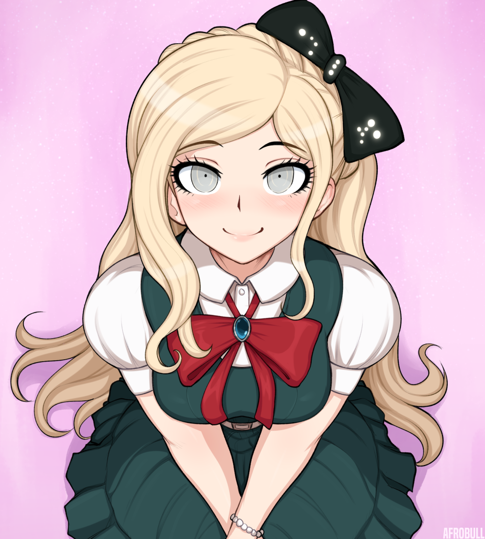 1girl afrobull bead_bracelet beads black_bow blonde_hair blush bow bowtie bracelet braid breasts closed_eyes commentary danganronpa_(series) danganronpa_2:_goodbye_despair dress eyelashes facing_viewer from_above gem hair_bow jewelry long_hair looking_at_viewer looking_up medium_breasts pinafore_dress pink_background pink_eyes puffy_short_sleeves puffy_sleeves seiza shirt short_sleeves simple_background sitting sleeveless_dress smile solo sonia_nevermind swept_bangs v_arms very_long_hair white_shirt