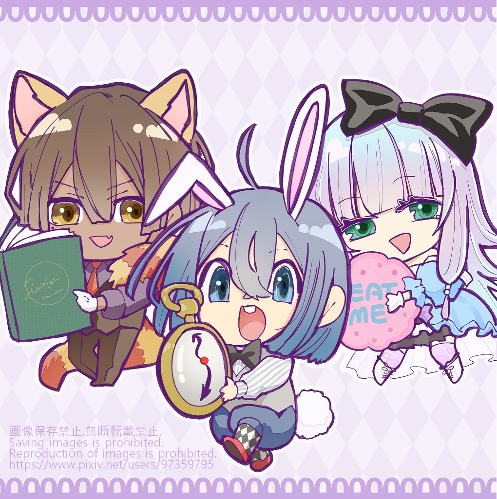 1girl 2boys ahoge alice_(alice_in_wonderland) alice_(alice_in_wonderland)_(cosplay) alice_in_wonderland animal_ears argyle_background argyle_clothes argyle_socks ars_louvent black_ribbon black_skirt blue_dress blue_hair book brown_eyes brown_hair charlotte_wraith chibi cosplay dress eat_me english_text fang fox_ears fox_tail full_body gloves green_hair grey_vest hair_ribbon holding holding_book holding_pocket_watch looking_at_viewer multiple_boys necktie open_mouth orange_necktie oversized_object pink_socks pocket_watch rabbit_ears ribbon rietz_muses shirt signature skin_fang skirt smile socks striped_clothes striped_shirt tail tensei_kizoku_kantei_skill_de_nariagaru user_tfpu4428 vest watch white_gloves white_rabbit_(alice_in_wonderland) white_rabbit_(alice_in_wonderland)_(cosplay)