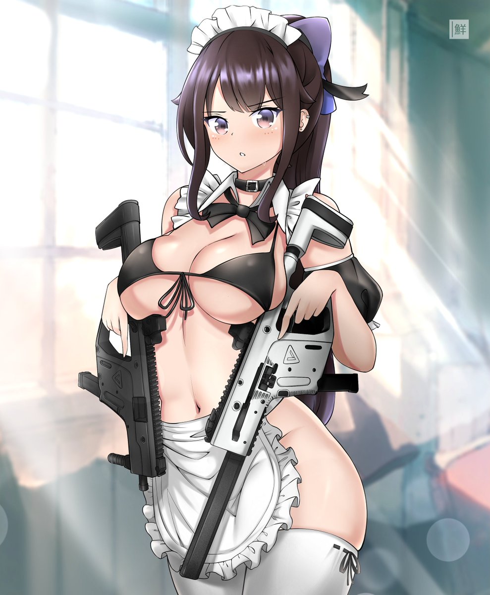 1girl apron bare_shoulders bikini black_bikini black_choker black_hair bottomless bow bowtie breasts brown_eyes choker cowboy_shot detached_collar detached_sleeves dual_wielding freshtango frills front-tie_bikini_top front-tie_top gun hair_bow highres holding holding_gun holding_weapon indoors kriss_usa kriss_vector large_breasts long_hair looking_at_viewer magpul maid maid_apron maid_bikini maid_headdress navel original osprey_45 parted_lips polygonal_suppressor ponytail sidelocks silencerco skindentation solo standing stomach string_bikini submachine_gun sunlight suppressor sweat swimsuit thighhighs transformational_defense_industries trigger_discipline unconventional_maid waist_apron weapon white_thighhighs